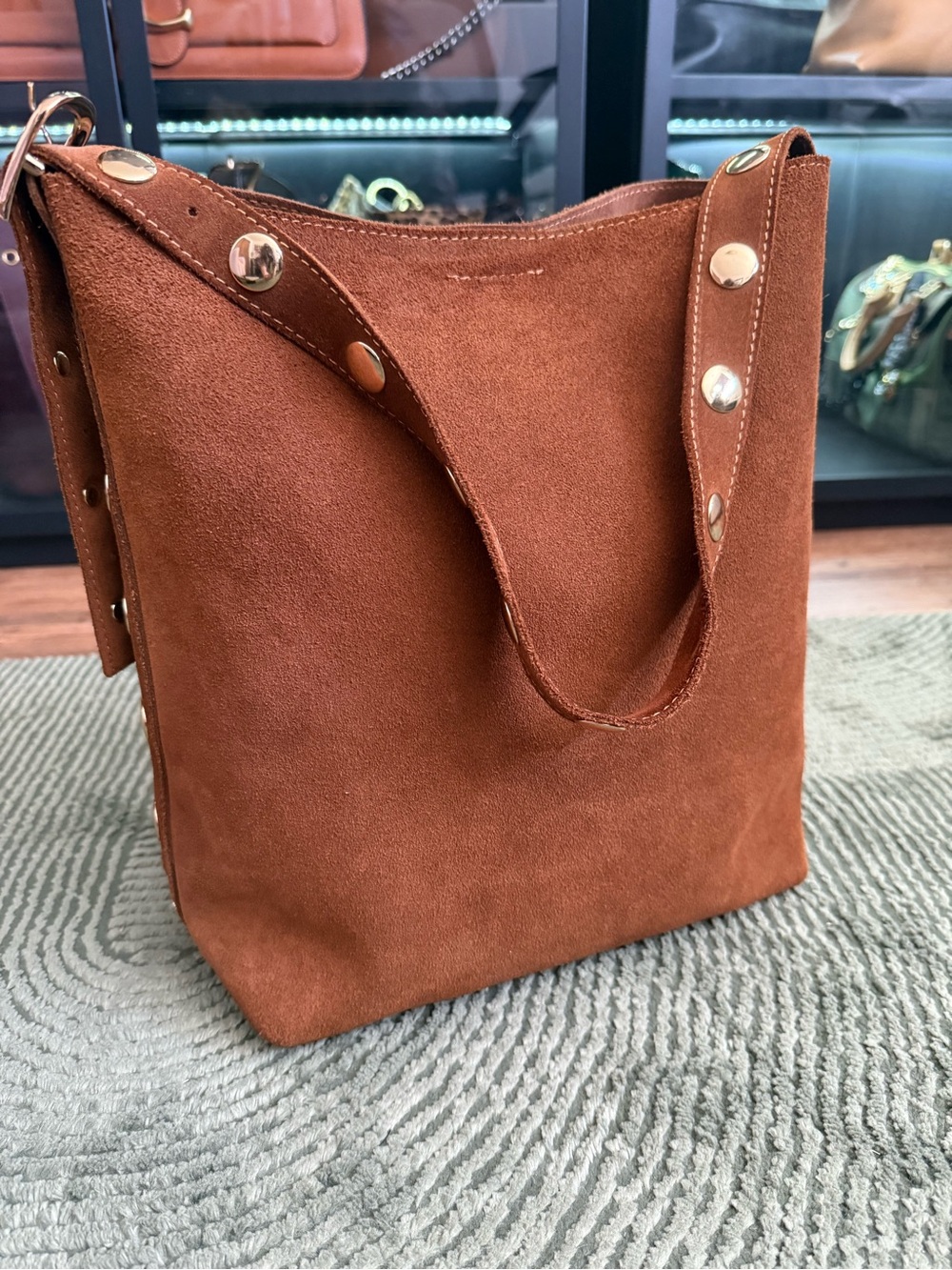 Suede Shoulder Bucket Bag in Chestnut Brown